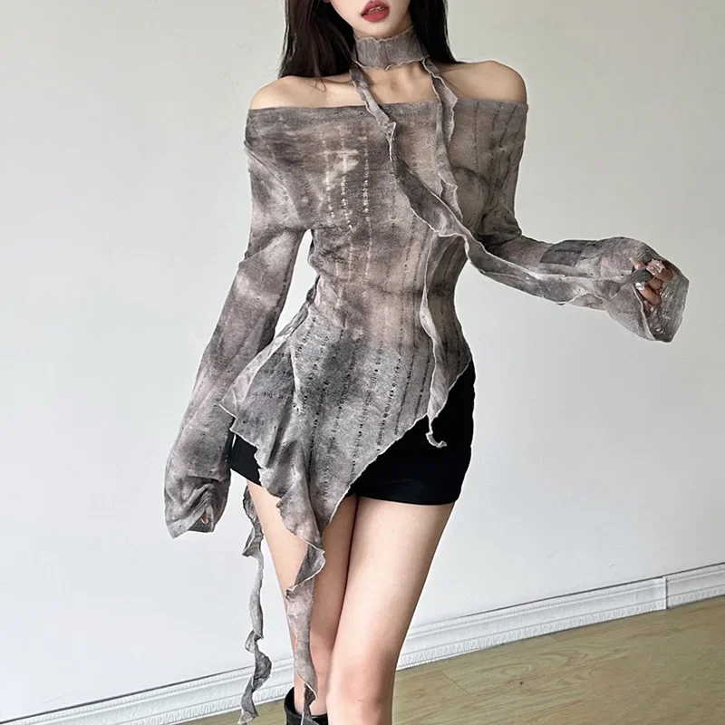 Y2KオフショルダーロングスリーブTシャツ ストリート イレギュラー スリムフィット ラッフルトップ レディース 2025夏新作 ブラウス