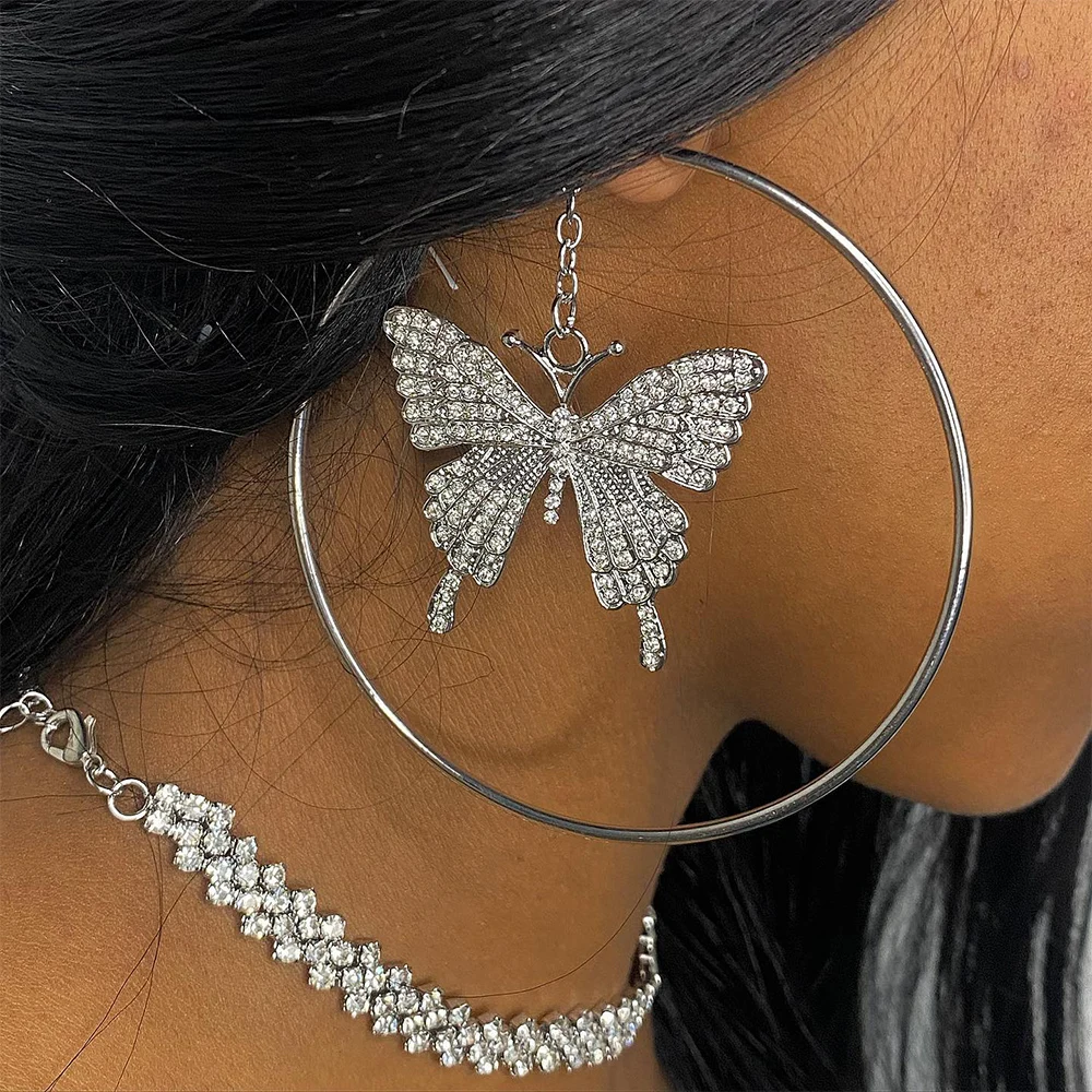 9CM Large Butterfly Hoop Earrings With Crystals for Women Free Shipping Elegant Piercing One Piece Rhinestone Jewelry Wedding