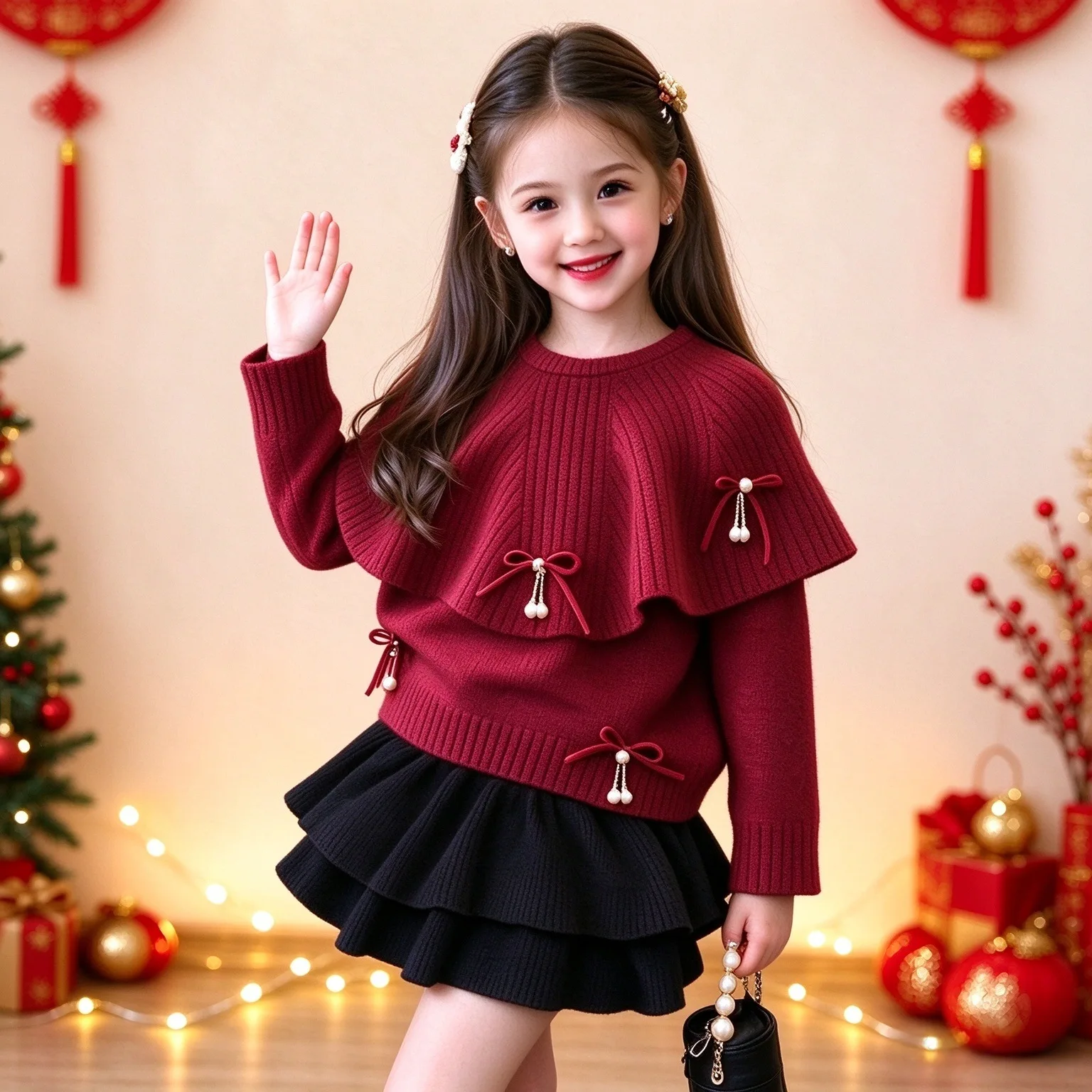 Girls Sweater Set Autumn and Winter New Christmas Style Bow Shawl Knitted Top Skirt Three Piece Set Fashion and Versatile