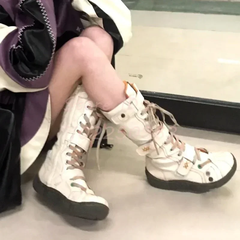 

Y2K White Patchwork Mid-calf Boots Round Toe Retro Sewing Women's High Leather Lace-up Boots Flat-bottom Hot Girl Shoes 2024