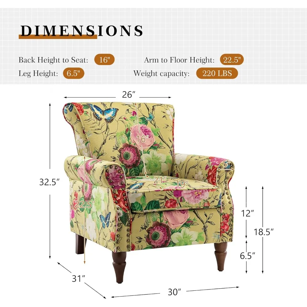 Modern Wingback Accent Chair with Wood Legs & Removable Cushion, Comfy Upholstered Armchair with Nailhead Trim, Floral Pattern