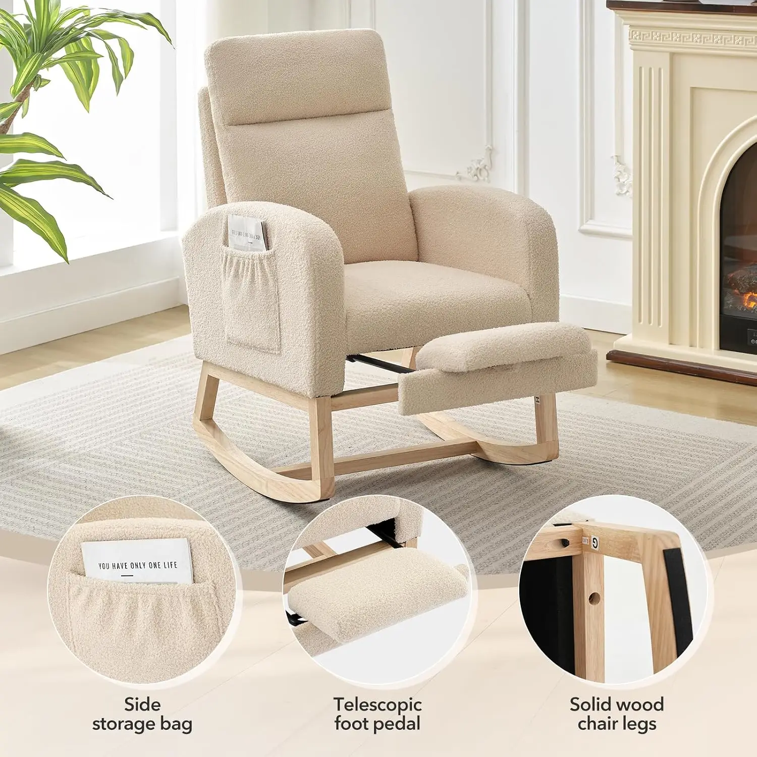 Reclining Rocking Chair with Adjustable Footrest & Side Pocket – High Back Armchair with Wooden Base for Nursery, Living Room & Bedroom,Velvet