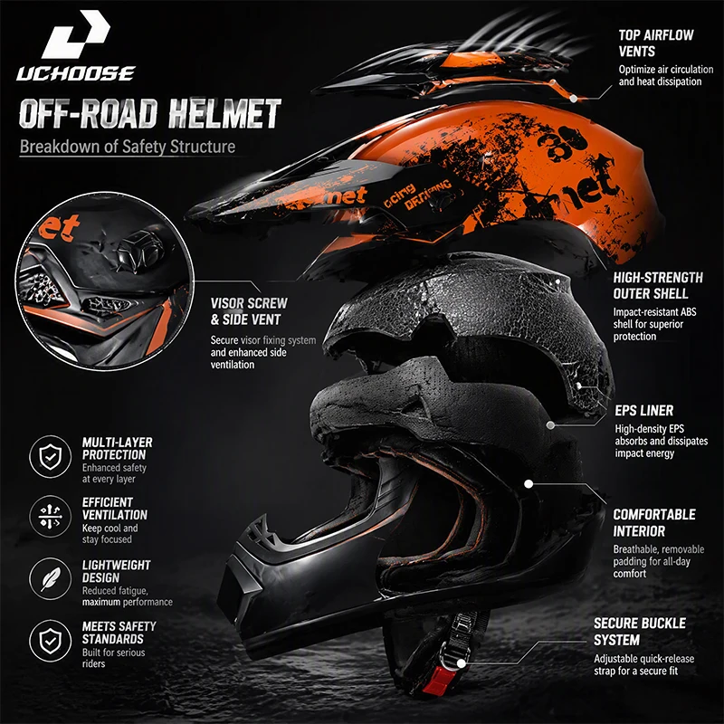 UCHOOSE Motocross Helmet Off Road Motorcycle Helmet ATV Dirt Bike Downhill Cross Helmet Red Graphic Full Face Racing Casco Moto