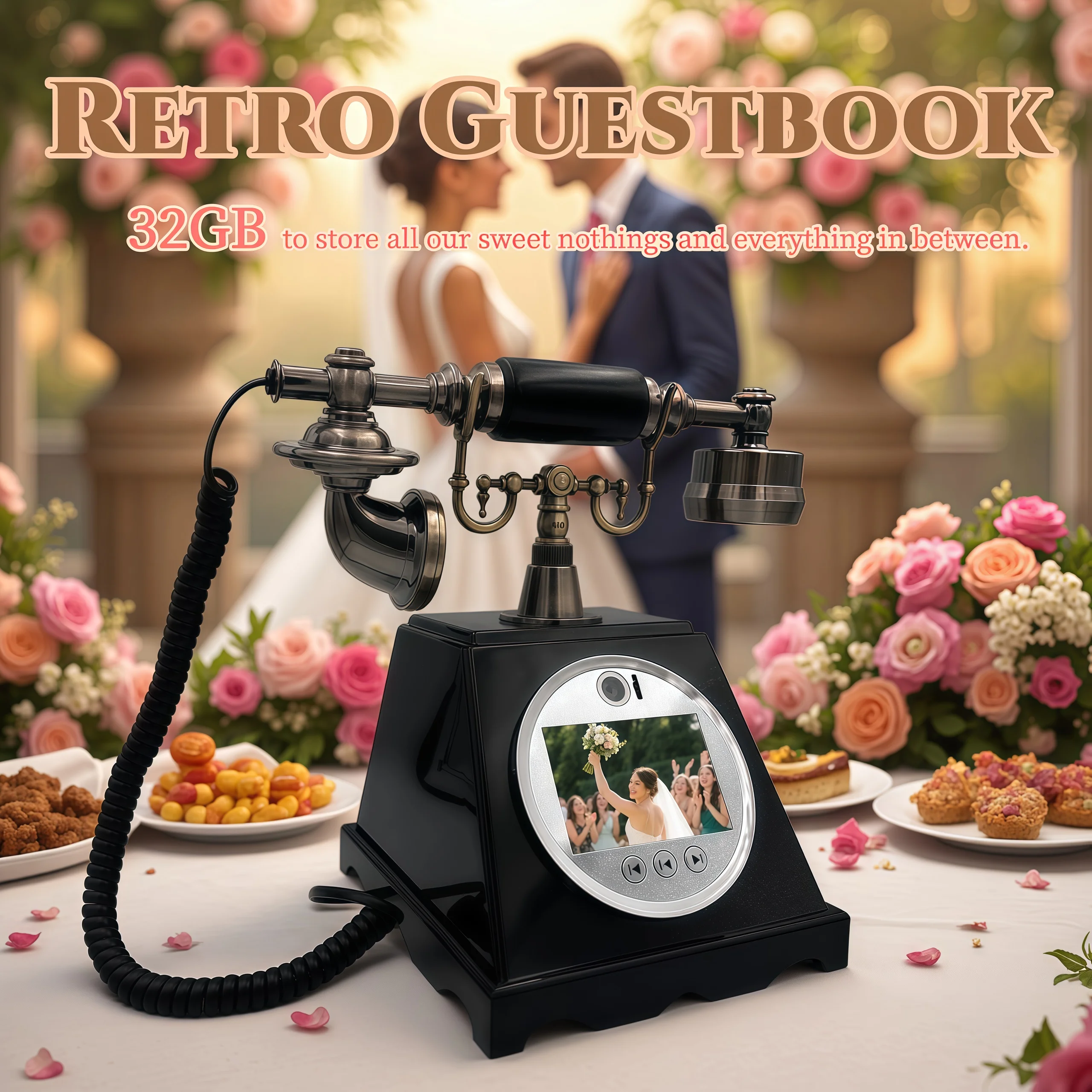 Retro Telephone Video Guestbook Wedding Guestbook Recorder Guest Blessings Sign-in Book Equipped with 32GB Memory Souvenir Gift