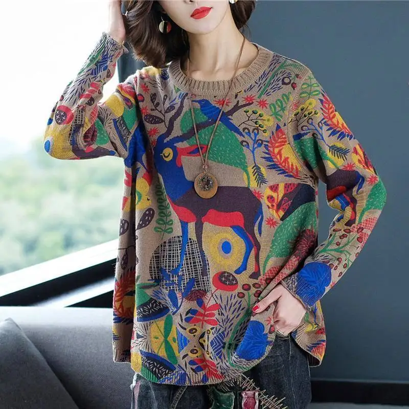 Vintage Printed O-Neck Loose All-match Sweaters Women\'s Clothing 2023 Autumn Winter Oversized Office Lady Pullovers Casual Tops