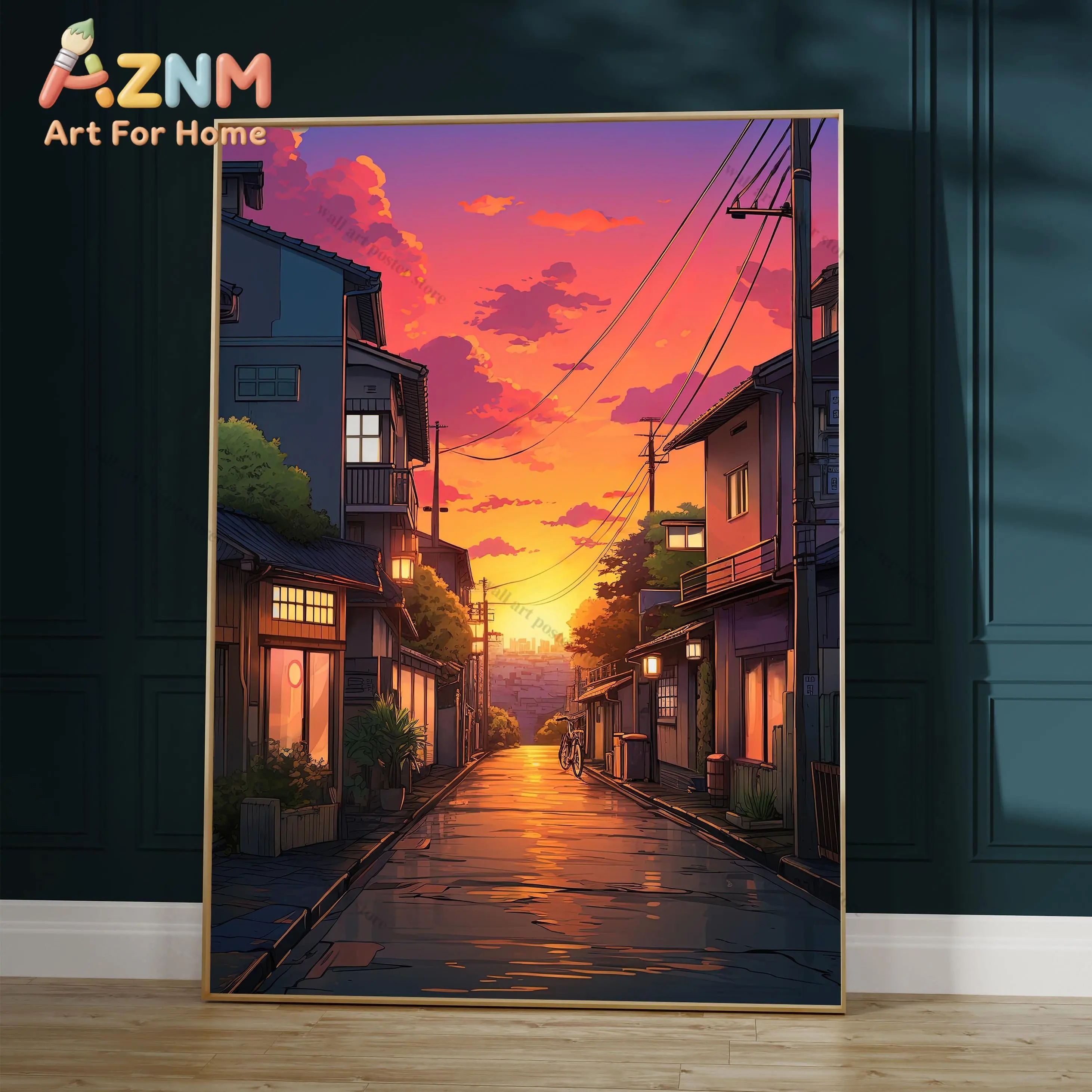 

AZNM Japanese Anime Street Sunset Canvas Wall Art Print, Frameless Single Panel Lofi Aesthetic Scenery Poster, Warm Purple Orang
