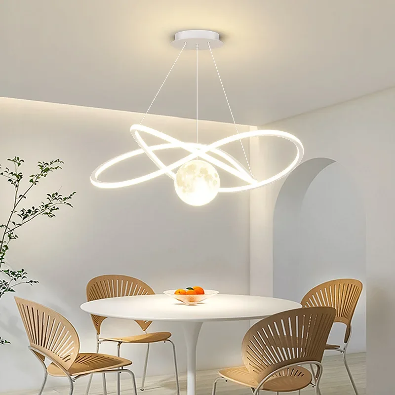 

Creamy style, modern creative dining room, dining table, bar counter, living room, simple chandelier