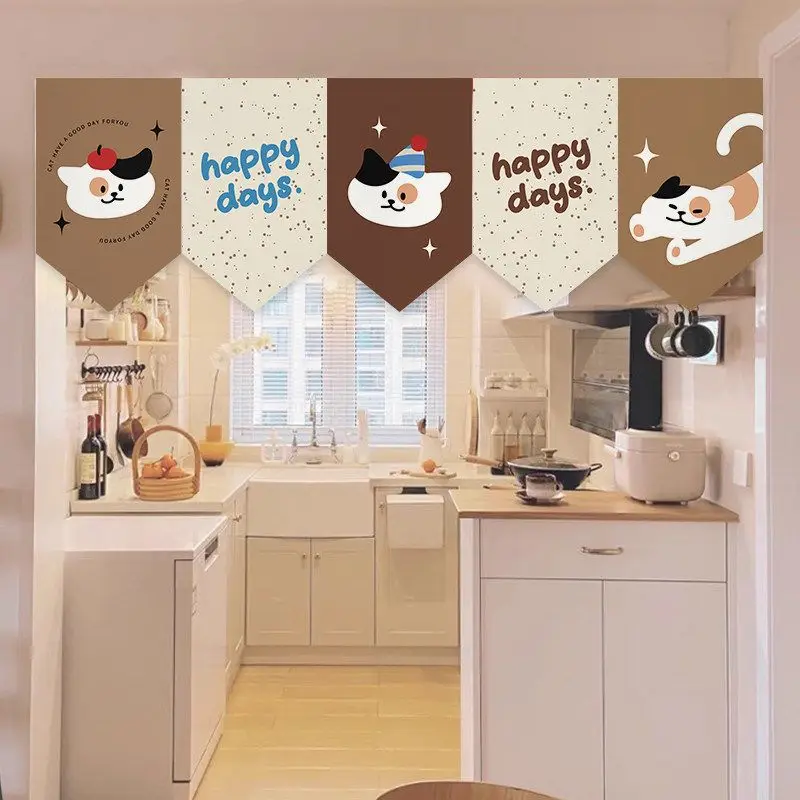 VIKAMA Cartoon Kitty Triangular Curtain Brown Black Yellow Cat Apple Good Luck Cute Animal Kitchen Window Valance Banner Decor