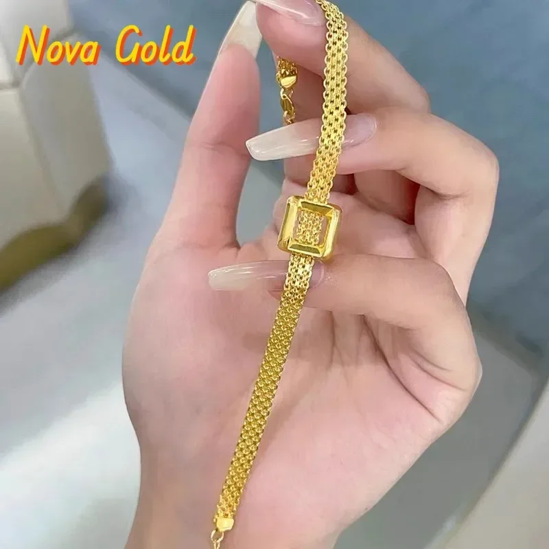 NovaGlod 9999 24K real gold light luxury vintage medium braided gold square strap bracelet women's retro high-end silk satin bra