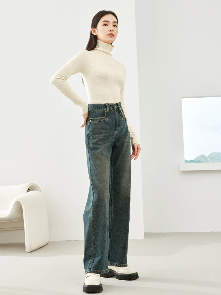 Vimly Vintage Cotton High Waist Denim Pant Woman Straight Loose Casual Trousers 2023 Winter Thick Warm Baggy Jeans Female 72676