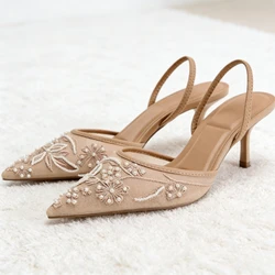 Mesh Embroidery Heeled Sandals Women Sexy Pointed Toe String Bead Slingback High Heels Summer Elegant Party Dress Designer Shoes