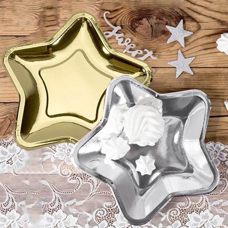 10pcs Disposable Paper Plate Golden Silver Five-pointed Star New Year Birthday Wedding Party Bar Hotel Feast Banquet Decoration