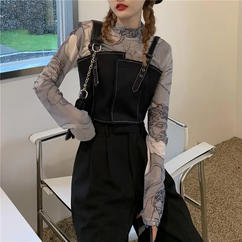 Summer Floral Print Mesh Base Shirt Women's Long Sleeve T-Shirt Set Ice Silk Sun Protection Inner Wear Two-Piece Commute Style