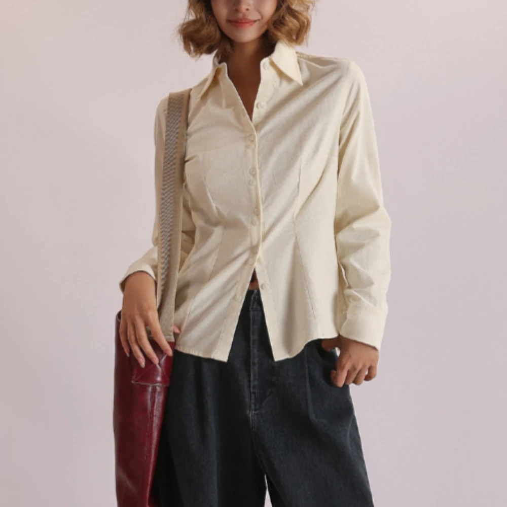 TWOTWINSTYLE Solid Spliced Knoppen Chic Shirt Vrouwelijke Revers Lange Mouw Losse Vintage Casual vrouwen Shirts Herfst Mode Nieuwe