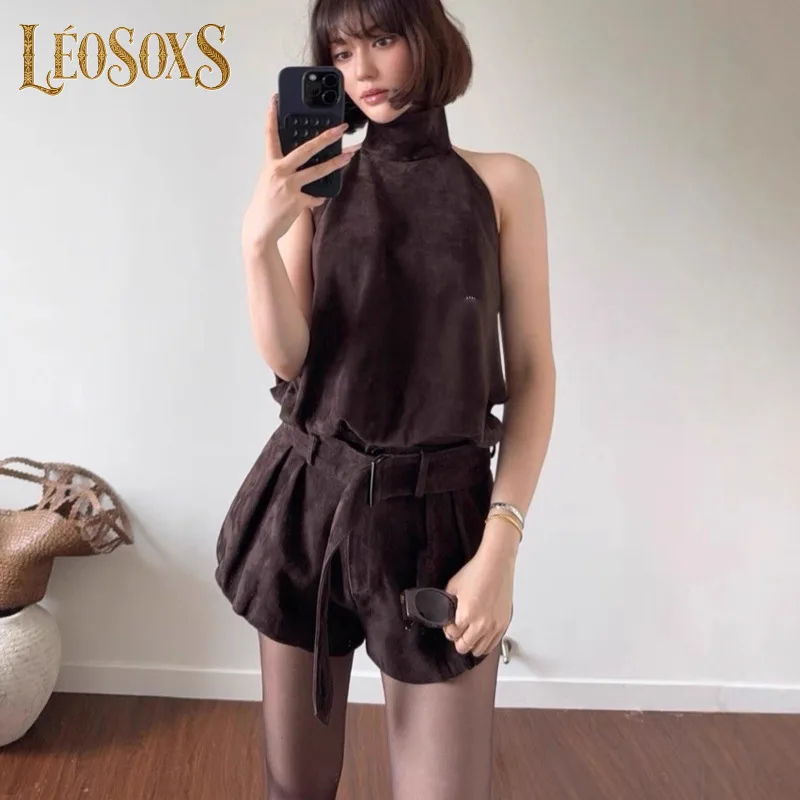 

LEOSOXS Womens Two Piece Set Sleeveless Button Top High Waist Shorts For Elegant Daily And Casual Occasion Style 2025 New