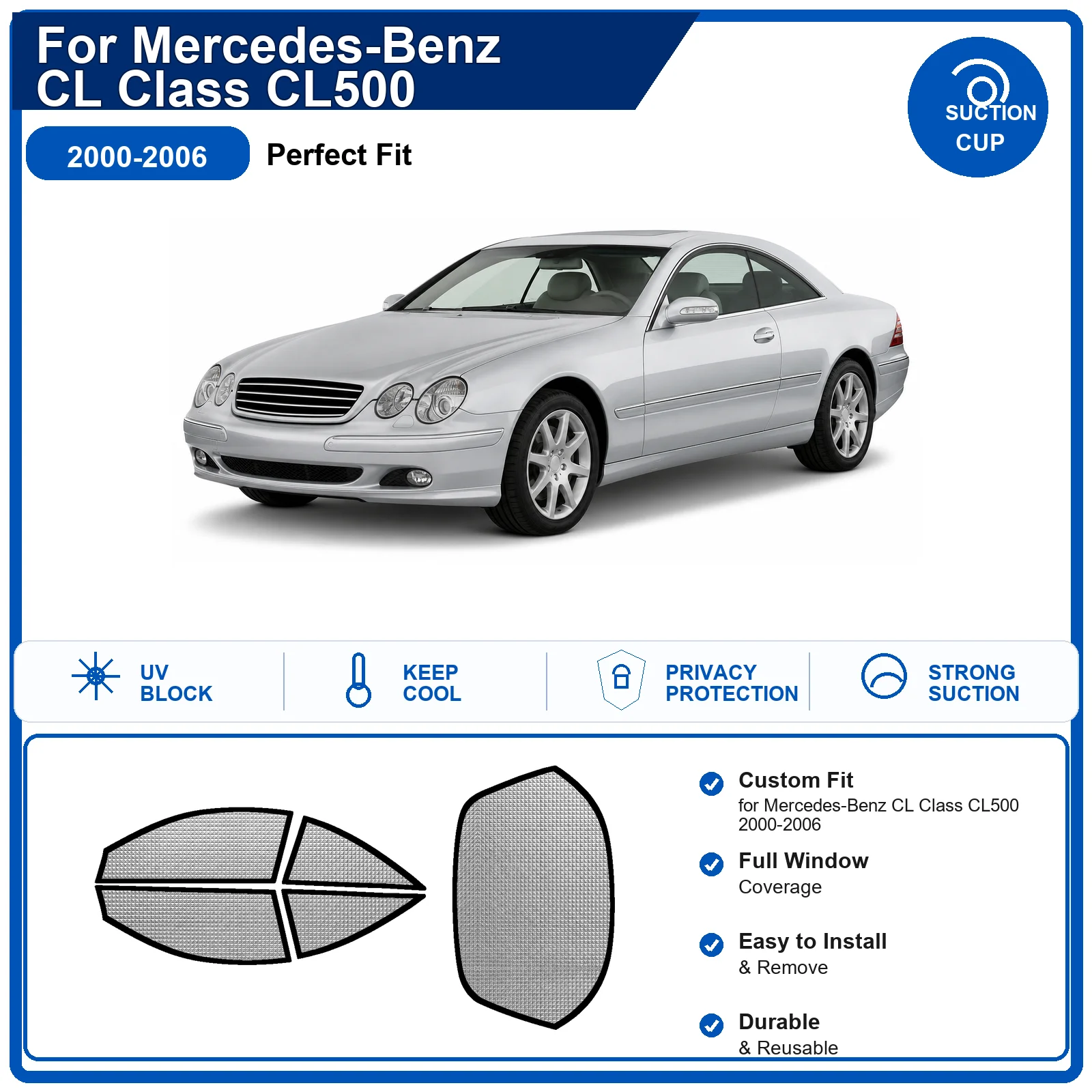 For Mercedes-Benz CL Class CL500 2000-2006 Custom Full Set Windshield Sun Shade Aluminum Foil Heat Insulation Anti UV Foldable