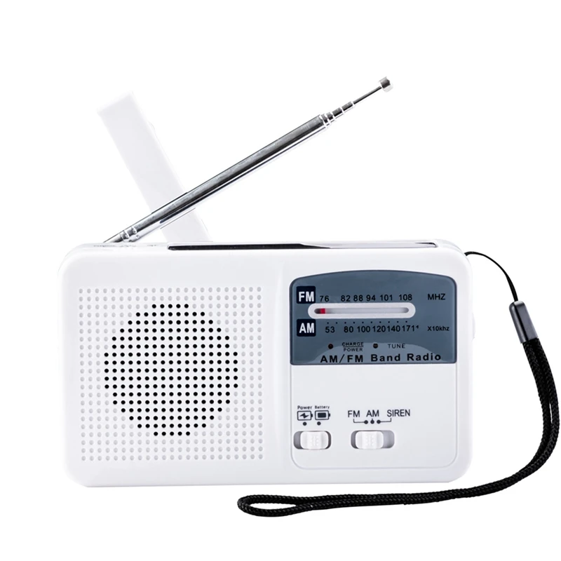 FM/AM Radio Solar Hand Crank Self Powered Radio Multifunctional Portable Emergency Radio with Flashlight White-ABHG