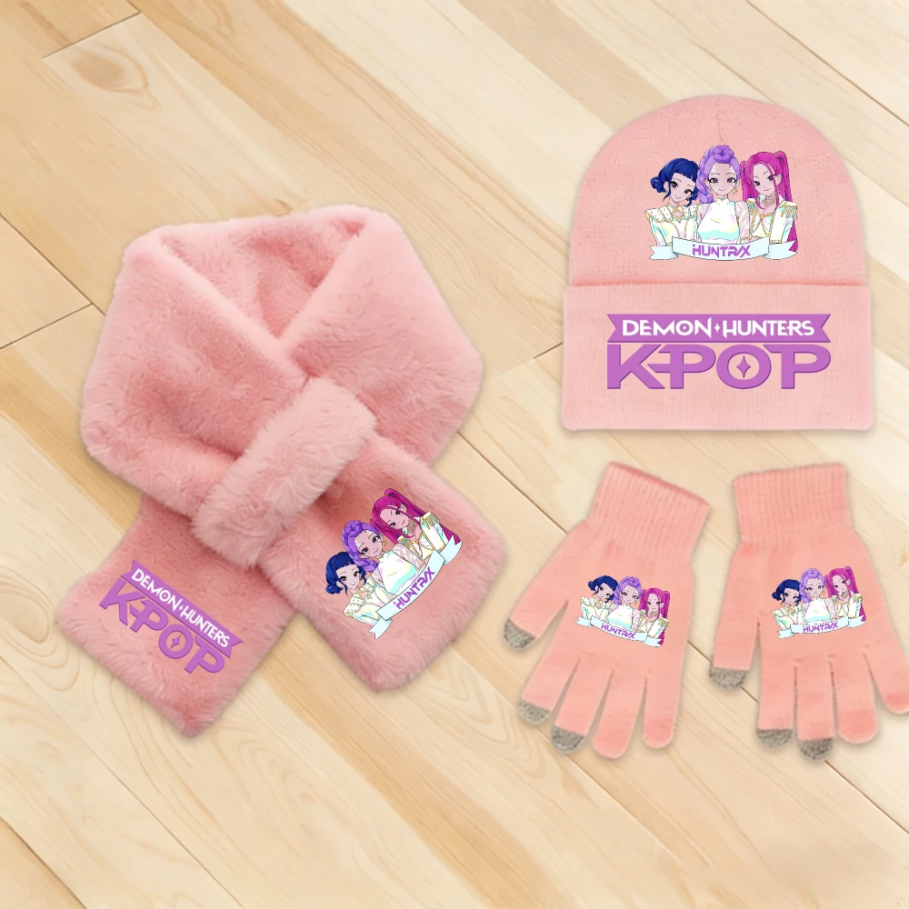 Kpop Demon Hunters 3Pcs Warm Soft Kids Girl Knit Hat Scarf Glove Set Winter Fashion Casual Accessories Perfect Christmas Gift