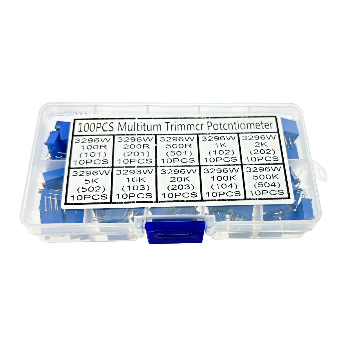100Pcs 3296W Multiturn Trimmer Potentiometer 100R 200R 500R 1K 2K 5K 10K 20K 100K 500K Ohm Variable Resistor Box Kit