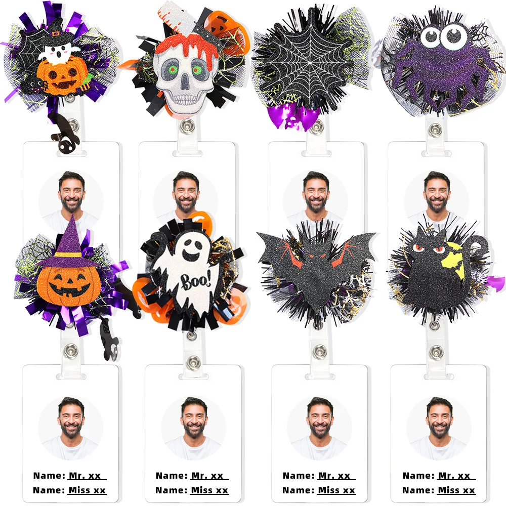 Glitter Badge Holder Halloween Gift Ghost Skull Chest Badge ID Buckle Ghost Festival Multifunctional Rotating Badge Reel