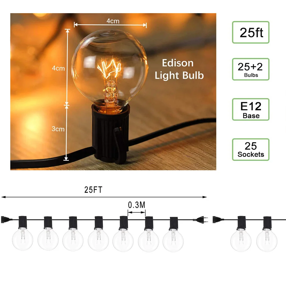 Guirxiété Lumineuse Extérieure Étanche, 25 Pieds, 220V, 25 Prises, Ampoule Globe E12 G40, 7W, Décoration de Noël