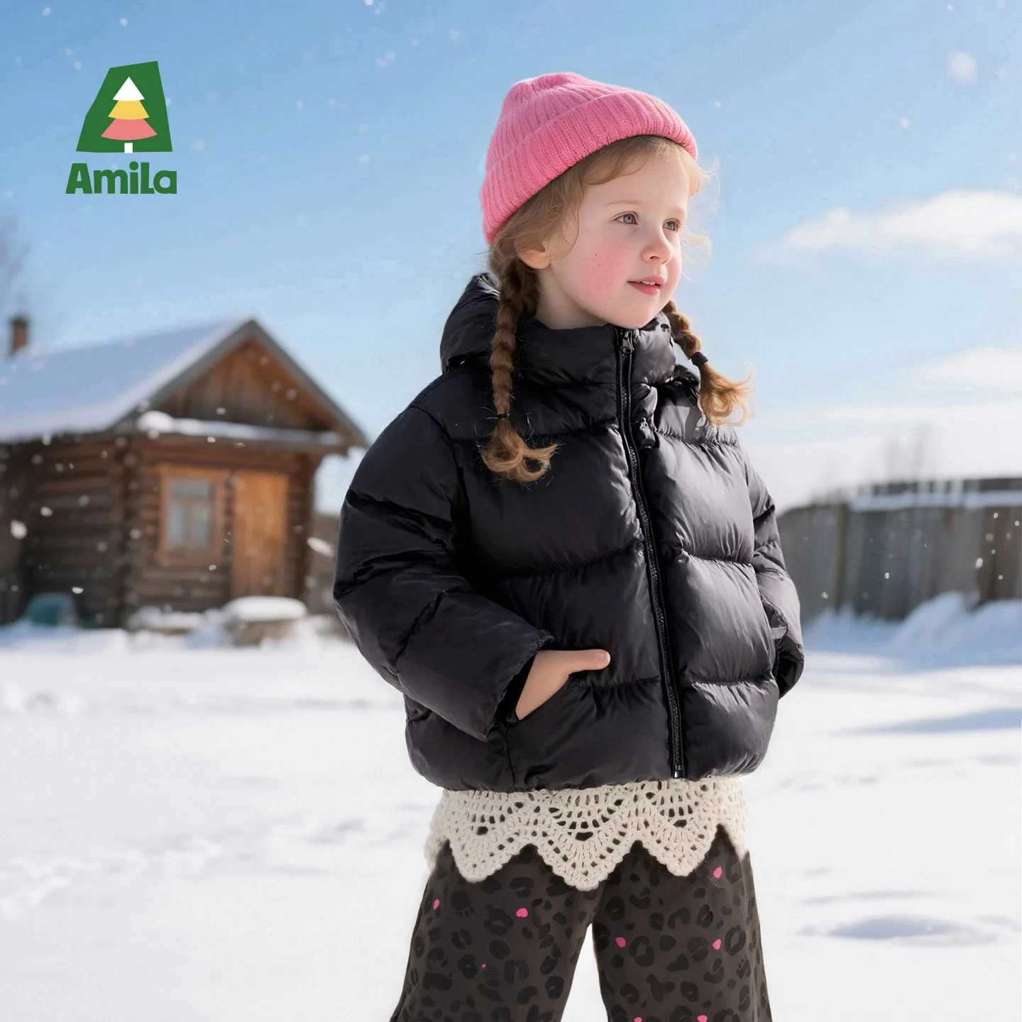 Amila Kids 2025 Chaqueta de plumón regular para niña de invierno Abrigo cálido grueso Cremallera azul negra Cómoda e informal