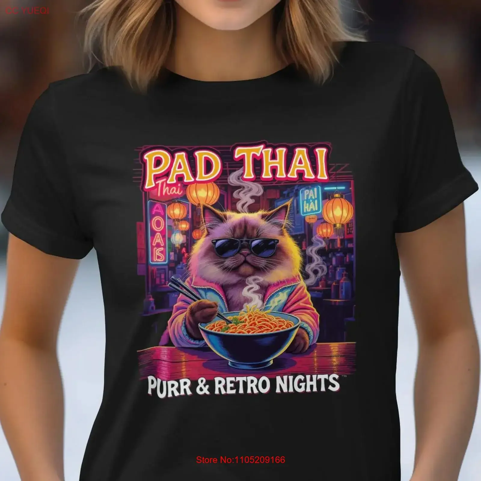 Pad Thai Cat camiseta Retro hilarante amante vintage lavado Unisex suave Casual transpirable gráfico moda ligeramente cómodo