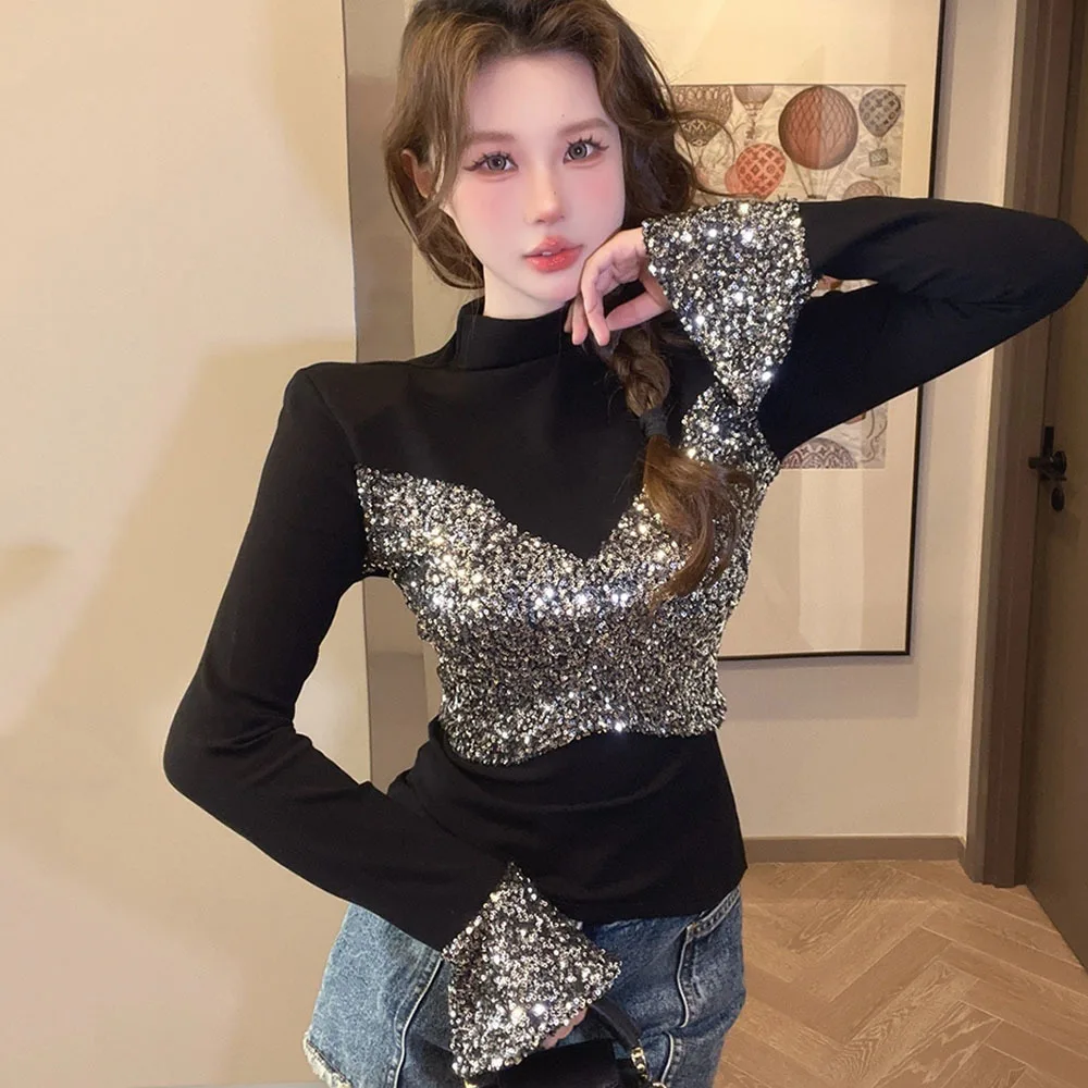 

2025 Luxury Sequins Design Long Sleeve T Shirts For Women Pullover Fashion Slim Black Splice Tops Winter Newest Ladies Tees