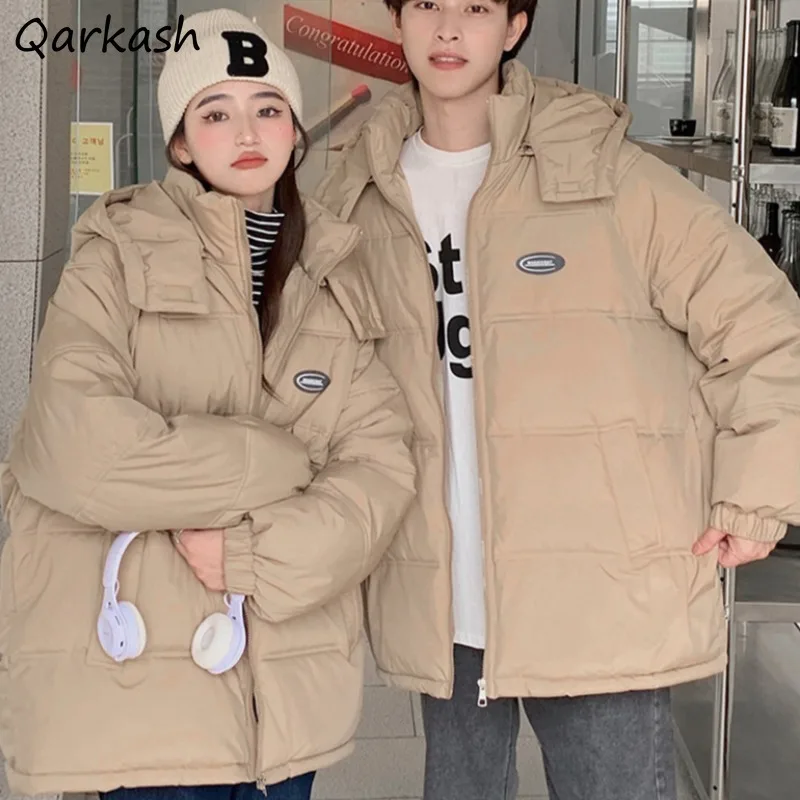 Hooded Short Style Parkas Women Unisex Couples College Warm Baggy Cozy All-match Casual Korean Fashion Solid Simple Attractive