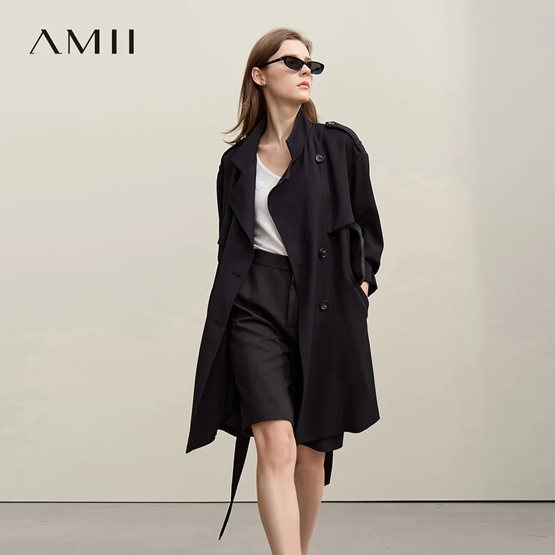 

Женский тренч Amii 2026: Новинка весенней коллекции, двубортное пальто свободного кроя с поясом, модель 12641029