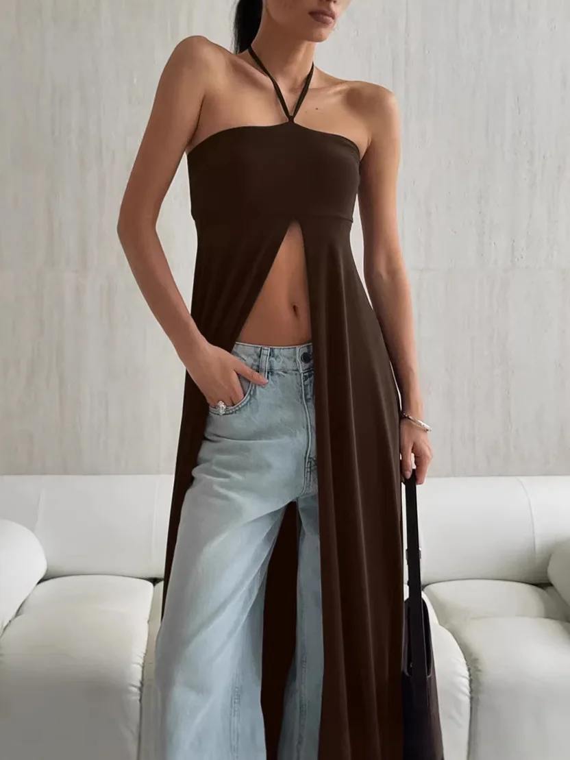 Brown Halter Neck Maxi Top Front Cutout Open Front Floor Length Flowy Blouse Y2K Aesthetic Vacation Casual Wear