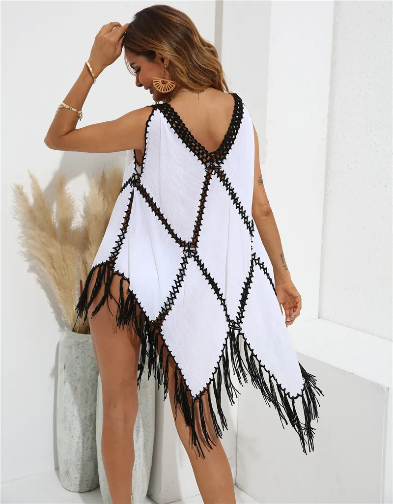 Robe de plage pour femmes, tunique à franges, capes de bain, tuniques blanches et noires, été 2023