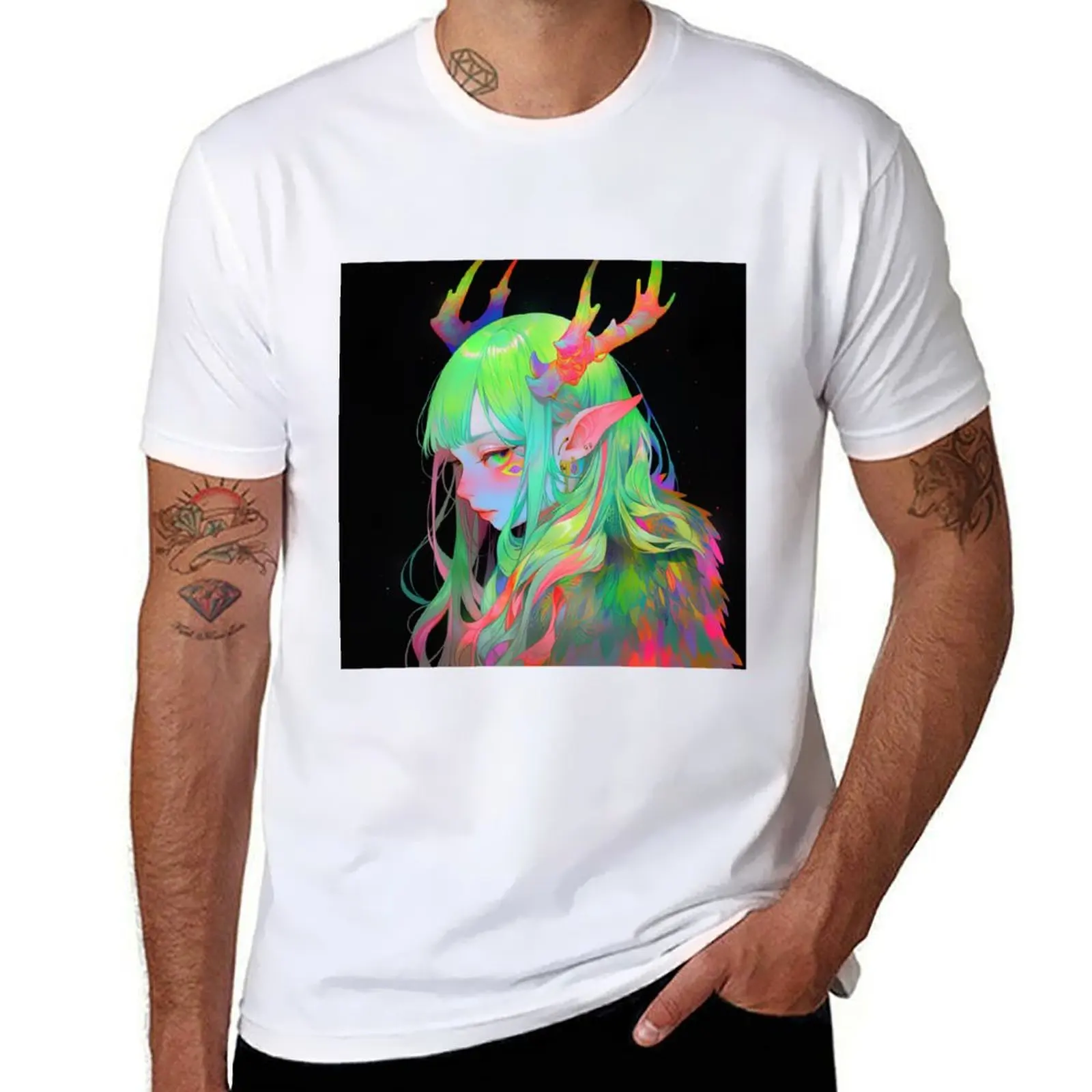 

Bright Colorful Neon Fawn Anime Girl T-Shirt vintage anime shirt boys animal print fashion shirts heavyweight t shirts for men