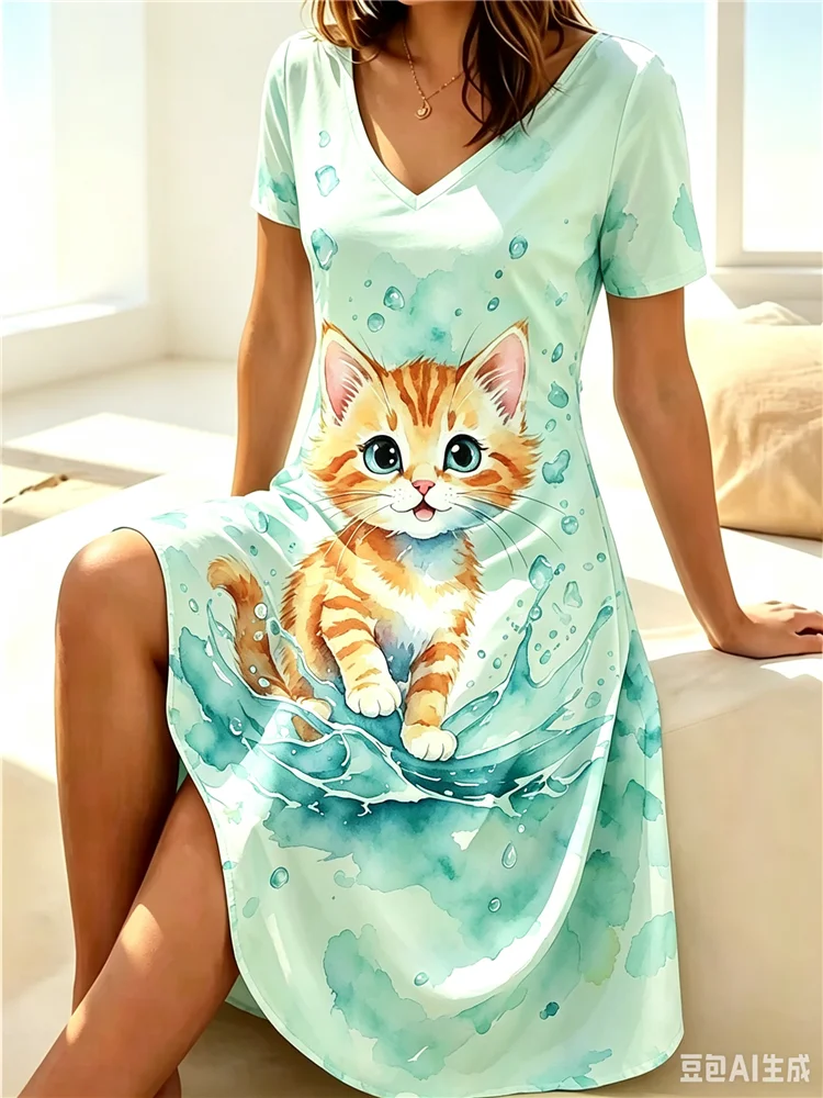 Women 3D Cats Print Dress Fashion 2026 Funny Kawaii V-Neck Home Dress Female Clothing Plus Size Summer Casual Short Sleeve Dress