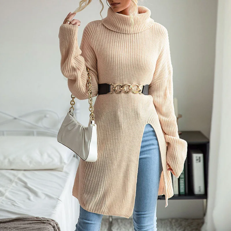 Women's Monochromatic Split Long Sleeve Turtle Neck Skirt, Temperament Elegant Casual Dress, Autumn and Winter Fashion, New 2024