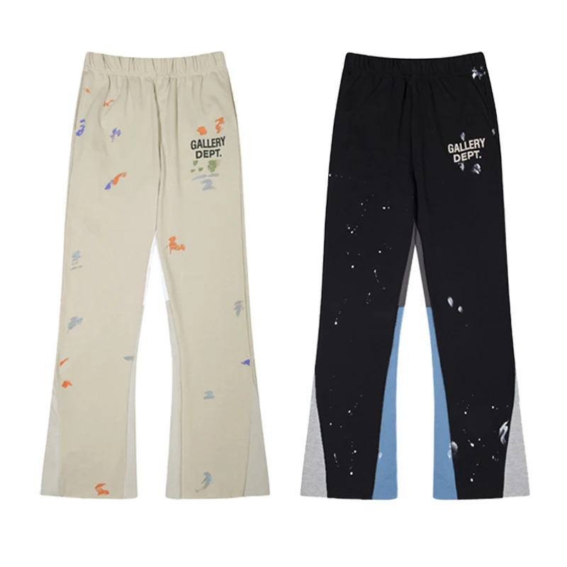 

New Hand-Painted Patchwork Bell Bot Dstring Casual Pants American High Street Sle Men's Long Trousers Trendy Loose Fit
