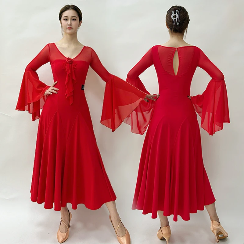 

Women Ballroom Dance Dress Training Clothes V-Neck Flared Sleeve Long Dresses Standard Modern Dance Practice Costume Red AMY3295