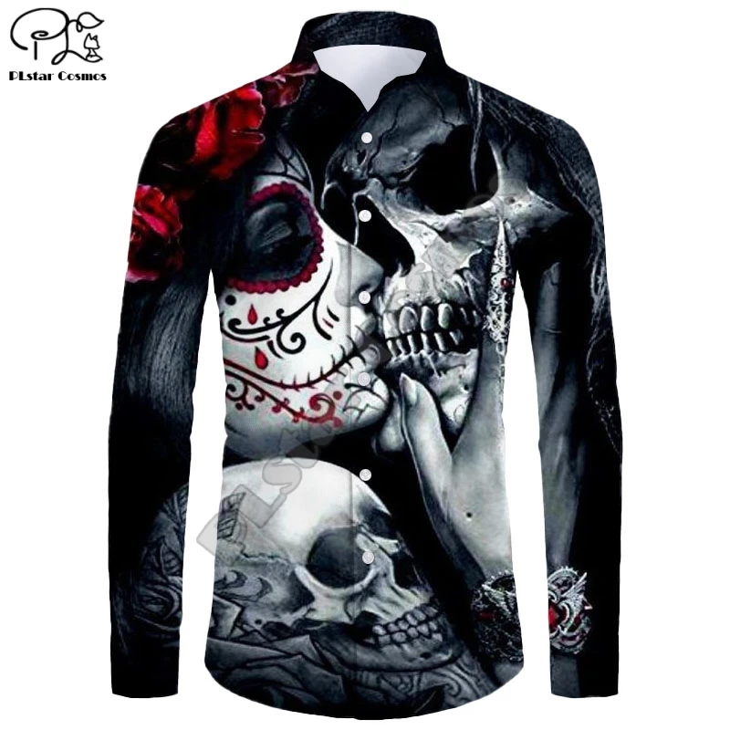 

New Hawaiian Shirt 3D Printing Halloween Series Grim Reaper Skull Ghost Cat Long Sleeve Shirt Casual Unisex Shirt W-5