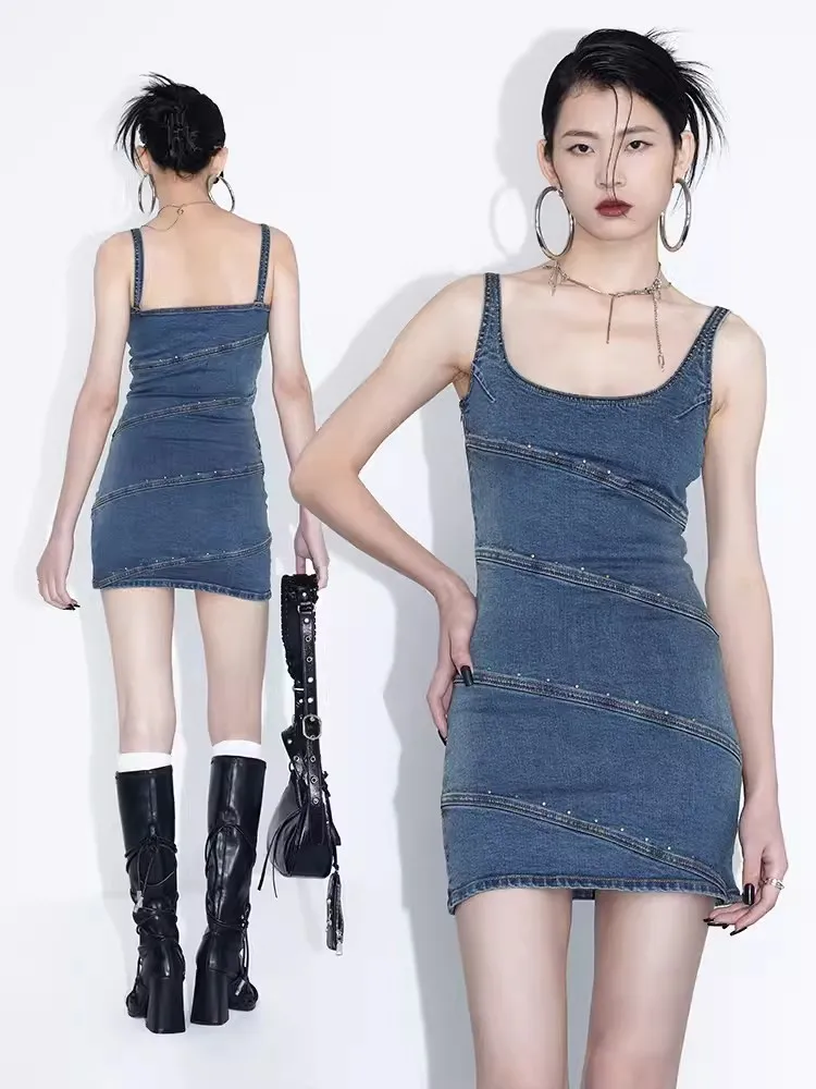 REDDACHiC Studded Denim Tank Dress Women Cowgirl Patchwork Vintage Scoop Neck Open Back Bodycon One-piece Summer Casual Clothes