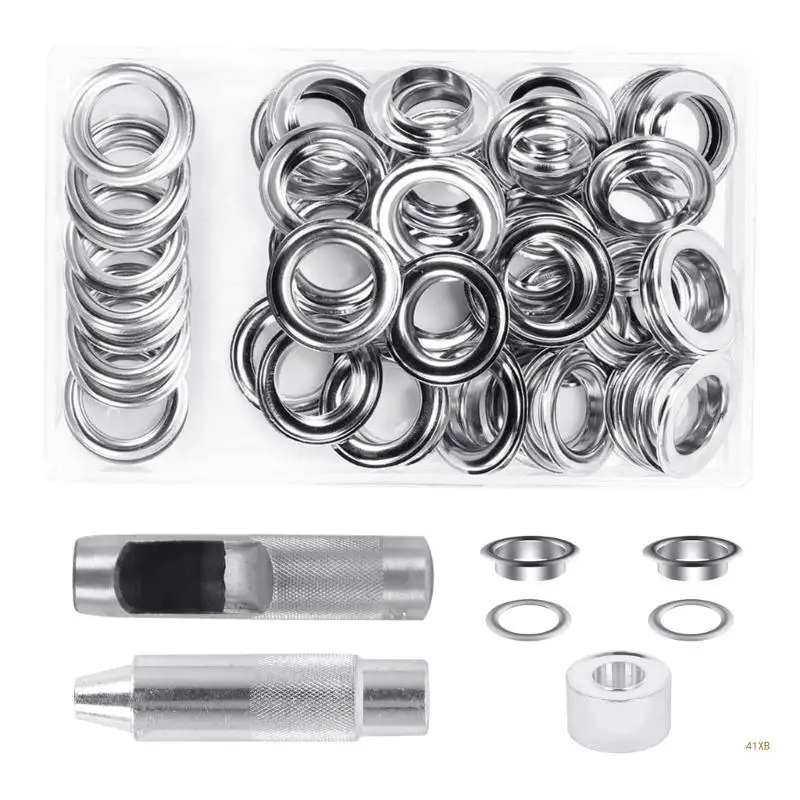 

41XB 50 Sets Grommet Kits 20mm Sewing Eyelets Silver Color Metal Grommet Tools