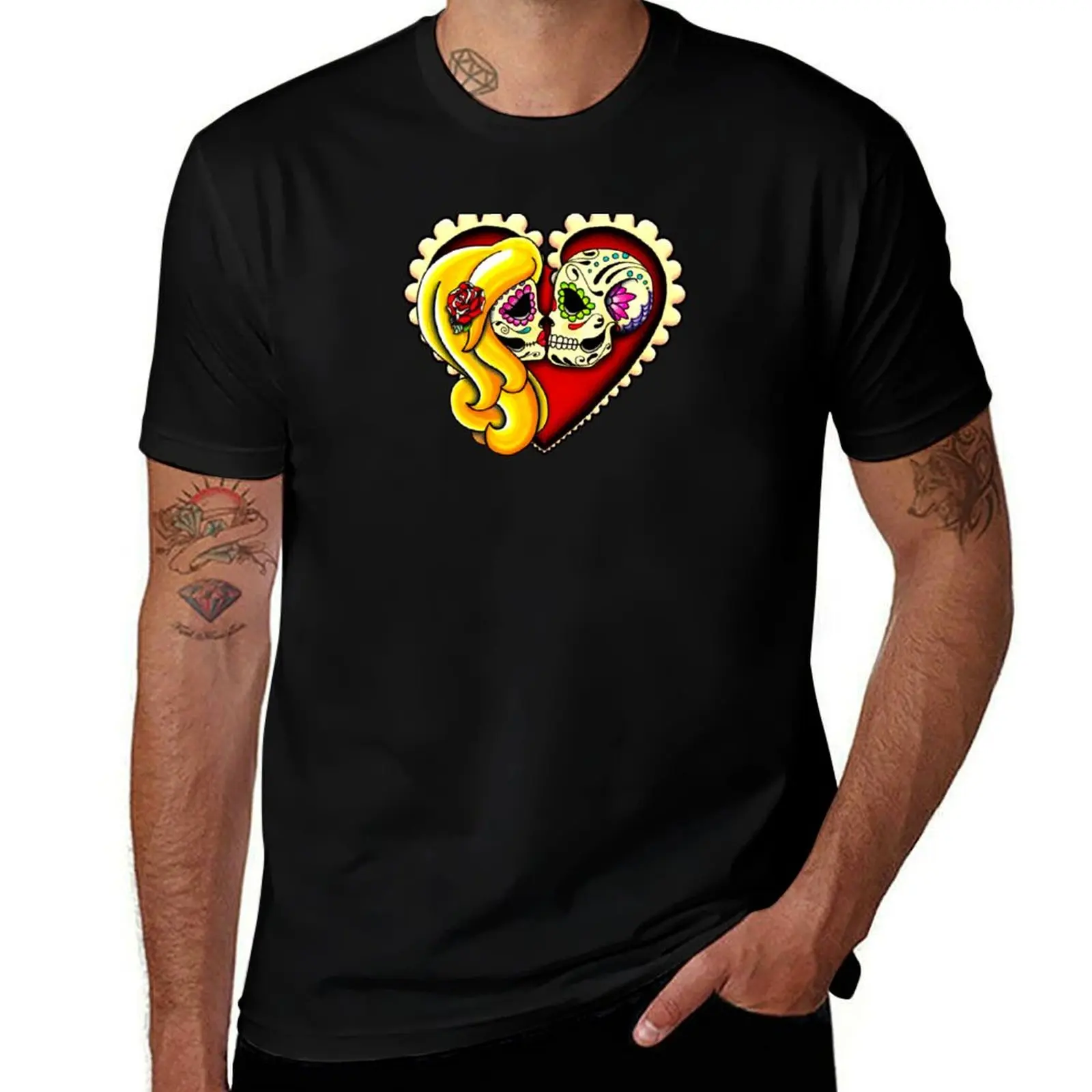 Ashes - Day of the Dead Kissing Sugar Skull Couple - Blonde T-Shirt Casual All Match Tee Shirt for Men