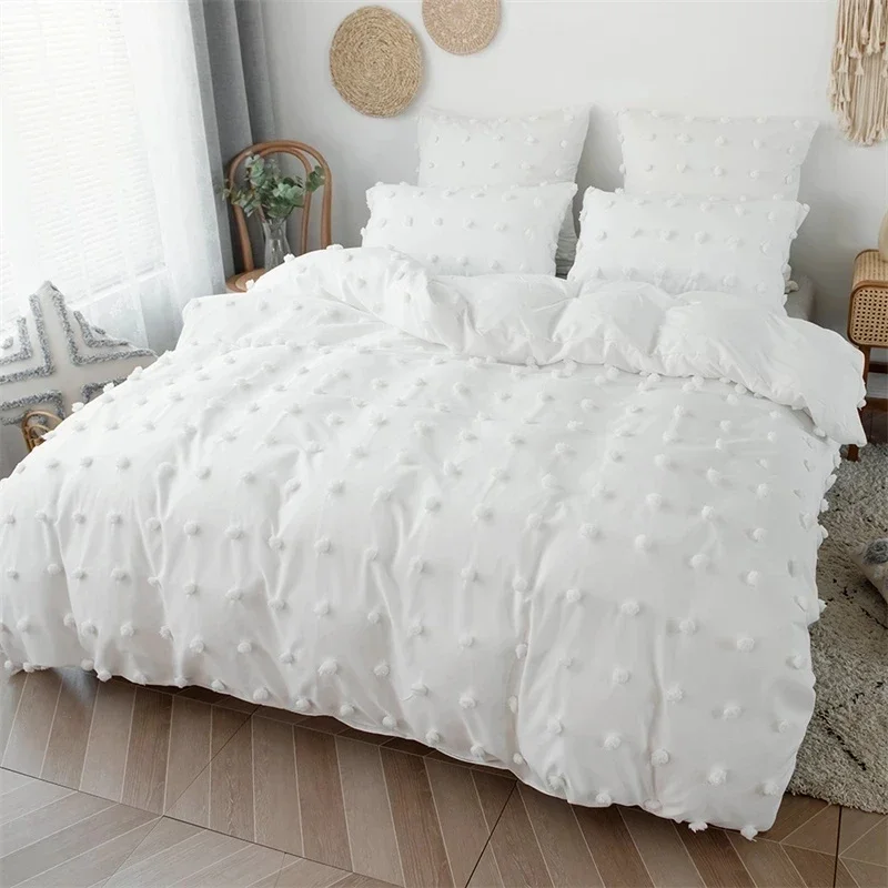 White Tufted Pom Pom Duvet Cover Set Soft Single Double Bedding Solid Color Quilt Cover with Pillowcases Queen King Bed Linen