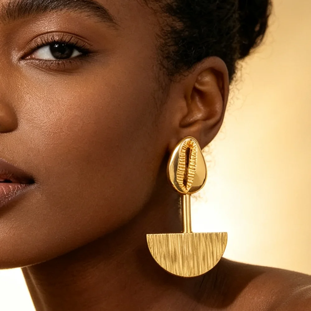 18K vergoldetes Muschel-Ohrringe- und Ring-Set mit gebürsteter Oberfläche für Damen, luxuriöse Hochzeits- und Party-Accessoires, Brautschmuck, Geschenk – Detail 4
