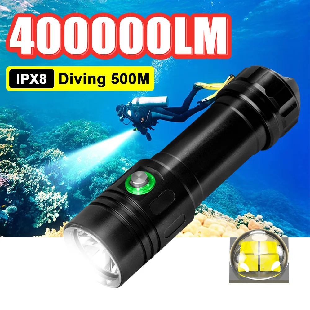 

Светодиодный мощный фонарик для дайвинга 40000LM Супер яркий фонарь для подводного плавания IPX8 Водонепроницаемый подводный 500 м Лампа для ловли рыбы