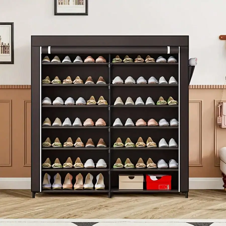 1Pc Double Row 7-Tier Non-Woven Fabric Shoe Rack, Dust Cover Shoe Storage Cabinet, Large Capacity, Space Saving, Easy Assembly, Portable, For Entryway/Home/Dorm Storage