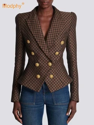 Modphy Brown Plaid Print Elegant Temperament Shoulder Pads Double Breasted Collect Waist Short Blazer Jacket Women