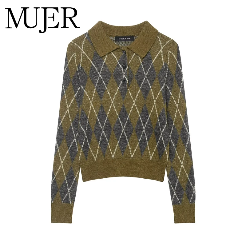 

MUJER Argyle Cropped Sweaters for Women Pullovers Polo Knit Jumpers Women Knitwears Short Sweaters Woman Winter Women's Sweater