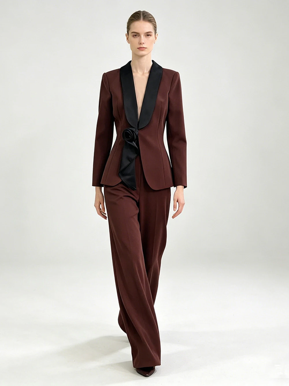 Modphy Elegant Long Sleeved Blazer+Pants Suit Autumn Splicing Flowers Commuting Outfit Women's Temperament Slim Fit OL Set