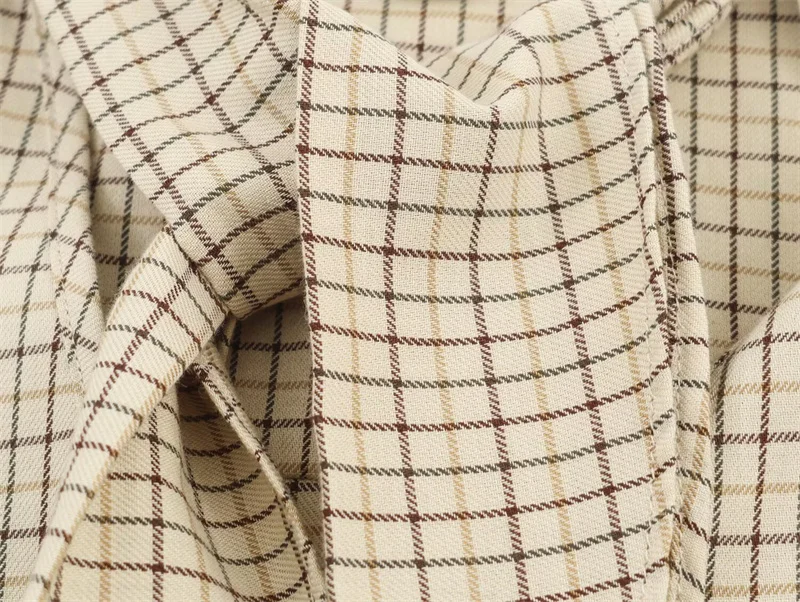 Damesoverhemd 2025, herfst nieuwe stijl kaki geruit overhemd met lange mouwen, strikversiering en knopen met enkele rij knopen, casual mode