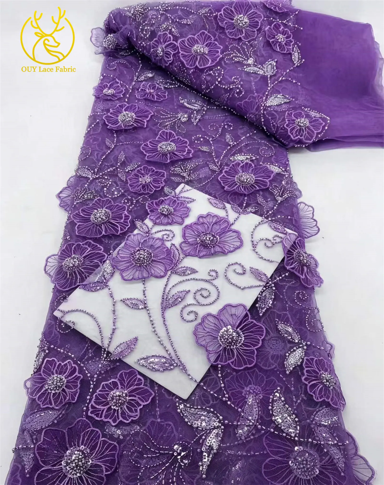 Eleganter nigerianischer 3D-Blumen-Stickerei-Spitzenstoff 2026 Hochwertiger afrikanischer Perlen-Pailletten-Spitzenstoff für Abendkleider – Detail 16